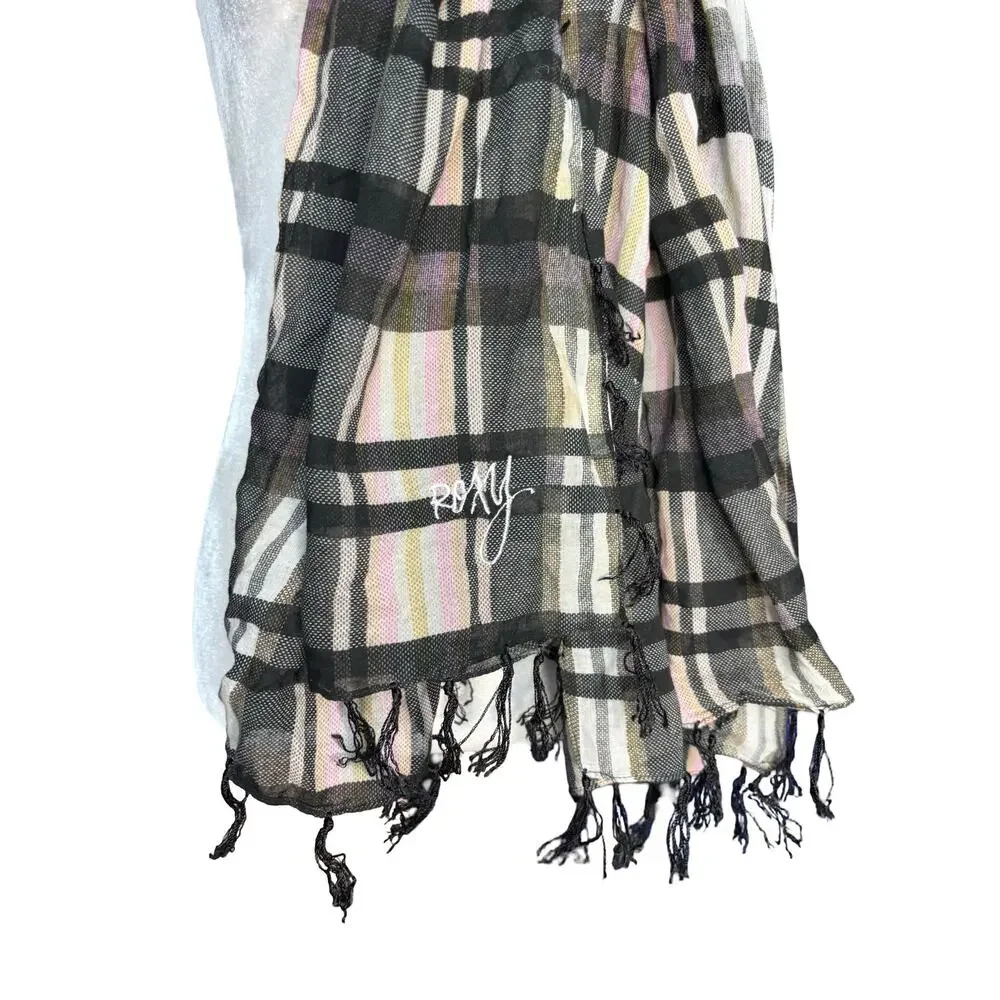 Roxy Neutral Plaid Lightweight Scarf Black Gray Cream Fringe Classic Accessory